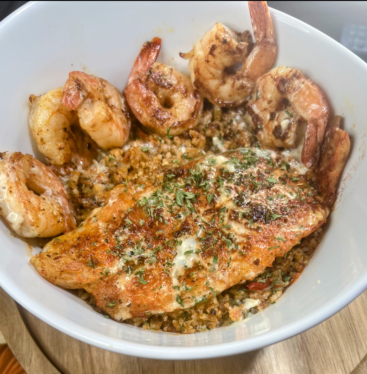 Louisiana Fish & Shrimp with Louisiana Dirty Rice with Crab and Lobster Butter Sauce